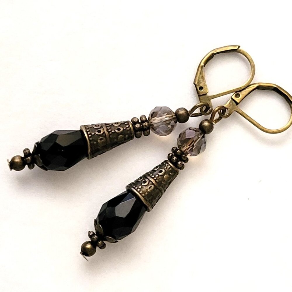 Black Smokey Crystal Teardrop Earrings, Etched Bronze Cone Lever Back Ear wires